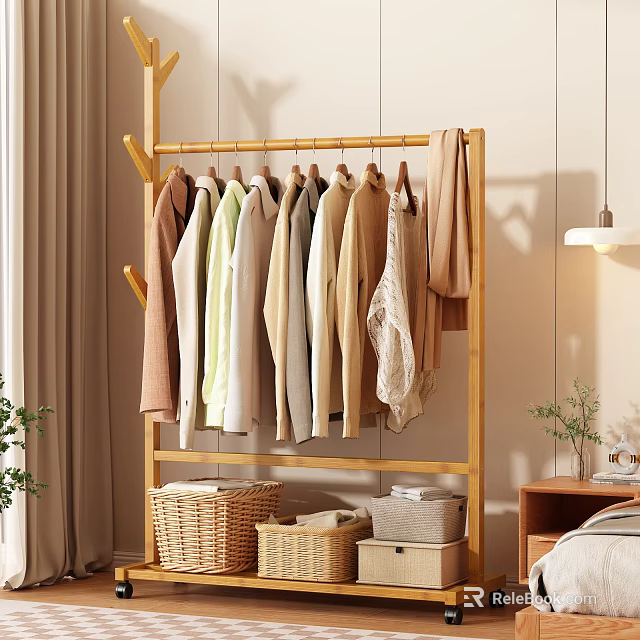 Wooden Clothes Rack With Hanging Neutral Tones Clothes And Storage Baskets In Bedroom 3d model