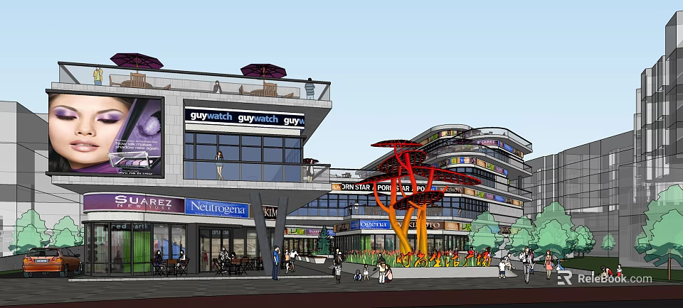 Modern Commercial Street With Brand Stores Outdoor Leisure Area And Red Tree Decoration 3d model 