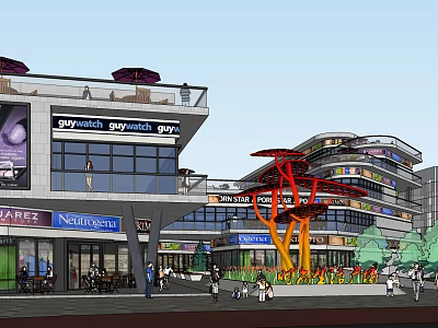 Modern Commercial Street With Brand Stores Outdoor Leisure Area And Red Tree Decoration 3d model