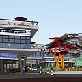 Modern Commercial Street With Brand Stores Outdoor Leisure Area And Red Tree Decoration