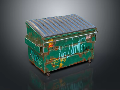 Green Trash Bin With Graffiti No Limits And Rusty Metal Lid 3d model