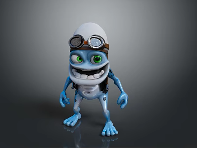 Game Movie Cartoon Character With Blue Body White Head Green Eyes Wearing Goggles And Grinning 3d model