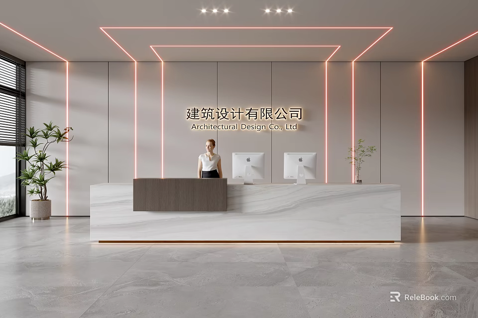 Modern architectural office reception desk with receptionist two computers green plants and LED strip lighting 3d model 