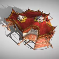 Traditional Decorative Tent with Red and White Fabric Wooden Platform and Ornamental Fringes