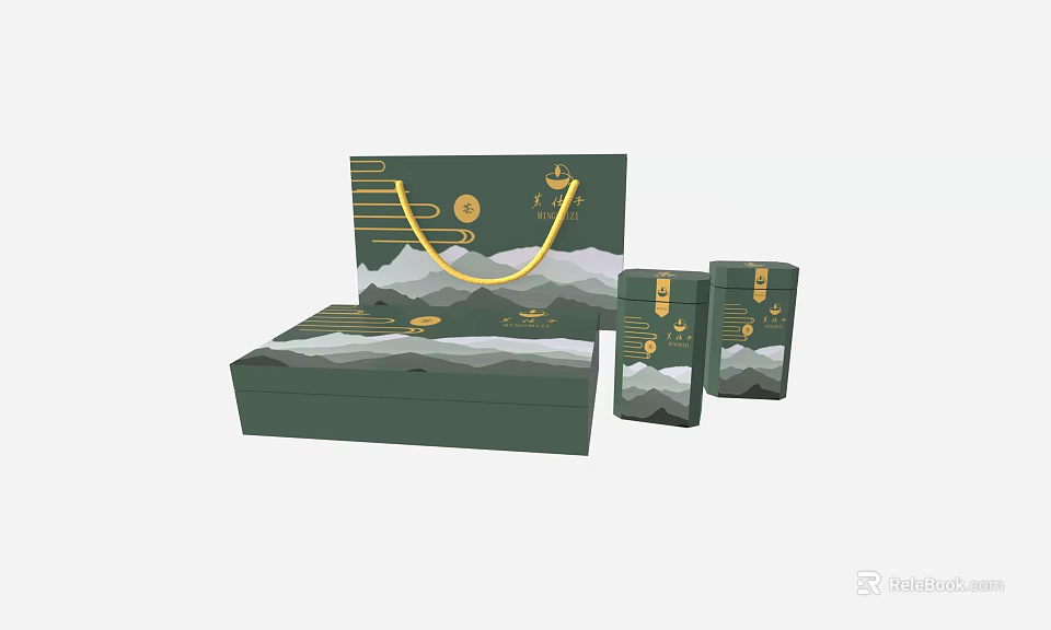 Green Gift Packaging Set With Mountain Pattern And Gold Accents 3d model 