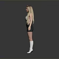Blonde Woman in White Tank Top Black Skirt and White Socks Standing Against Gray Background
