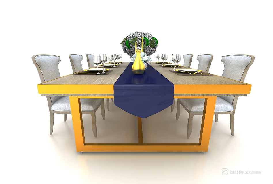 Elegant Dining Table Set With Golden Edge Light Tabletop Navy Runner And Gray Armchairs 3d model 