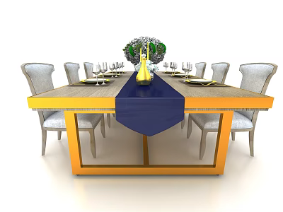Elegant Dining Table Set With Golden Edge Light Tabletop Navy Runner And Gray Armchairs 3d model