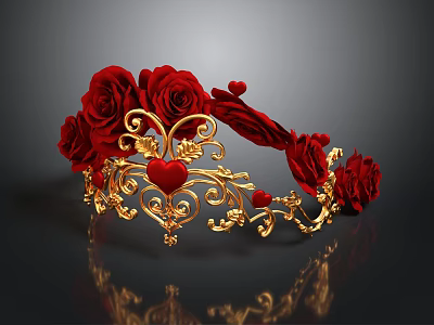 Elegant Crown With Red Roses Golden Decorations And Heart Shaped Patterns 3d model