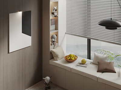Modern Bay Window Nook With Wooden Wall Shelf Decorative Items Pillows Fruit Bowl And Blinds 3d model