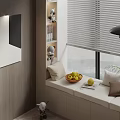Modern Bay Window Nook With Wooden Wall Shelf Decorative Items Pillows Fruit Bowl And Blinds