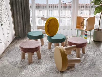 Colorful Mushroom Shaped Stools With Velvet Seats And Wooden Legs In Living Room 3d model