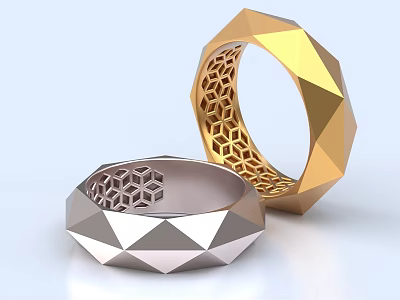 Geometric Polygonal Gold and Silver Rings with Honeycomb Hollow Interior Design Fashion Jewelry Accessories 3d model