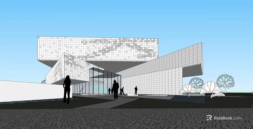 Modern Architectural Building With Geometric White Facade Glass Curtain Wall And Urban Plaza 3d model 