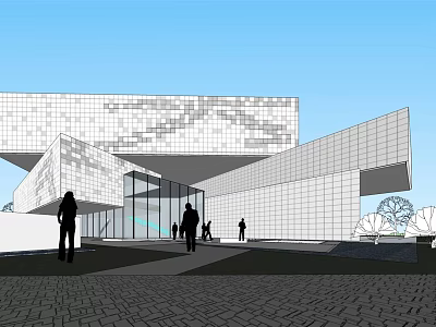 Modern Architectural Building With Geometric White Facade Glass Curtain Wall And Urban Plaza 3d model