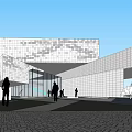 Modern Architectural Building With Geometric White Facade Glass Curtain Wall And Urban Plaza