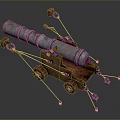 Medieval Cannon Weapon Featuring Silver Metal Barrel Wooden Carriage With Wheels And Chains