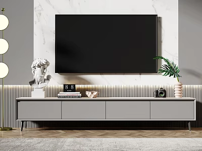 Modern TV Stand With Marble Wall Sculpture Books Camera And Green Plant 3d model