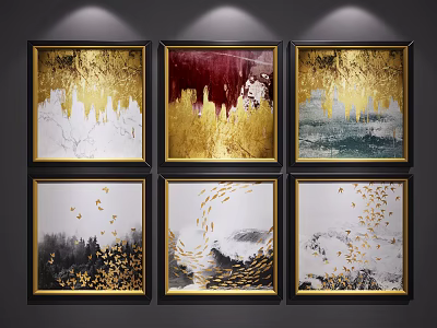 Six Black Framed Abstract Paintings With Gold Accents Red White Hues For Interior Wall Art 3d model
