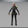 3D Character With White Hair In Black Outfit Featuring Yellow Accents Standing Against Gray Background