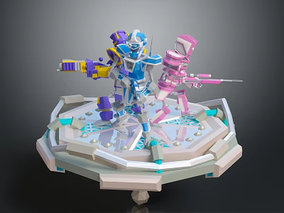 Robot Sculptures With Blue Pink Details Holding Weapons On Hexagonal Display Stand 3d model