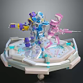 Robot Sculptures With Blue Pink Details Holding Weapons On Hexagonal Display Stand