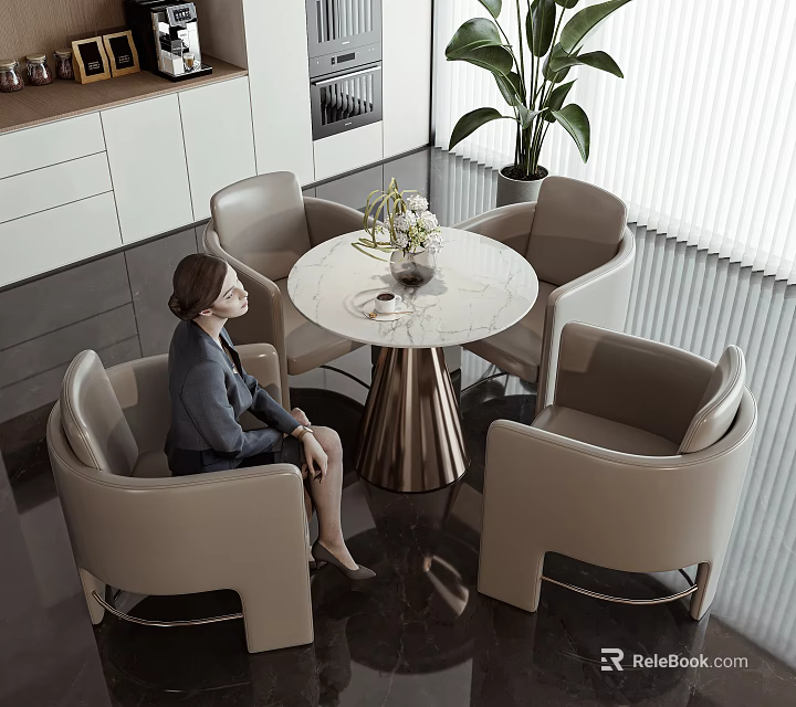 Leisure Sofa Set Modern Interior With Beige Chairs Round Marble Table And Plant 3d model 