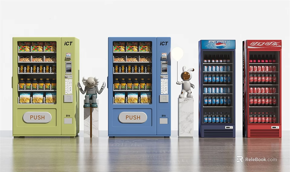 Various Colored Commercial Vending Machines Dispensing Snacks And Beverages With Push Buttons 3d model 