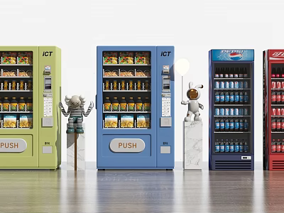 Various Colored Commercial Vending Machines Dispensing Snacks And Beverages With Push Buttons 3d model