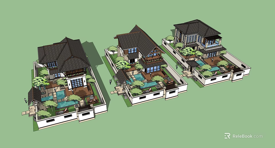 Three Detached Villas Architectural Design With Courtyard Swimming Pool And Green Plants 3d model 