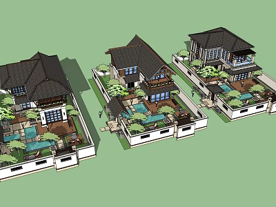 Three Detached Villas Architectural Design With Courtyard Swimming Pool And Green Plants 3d model