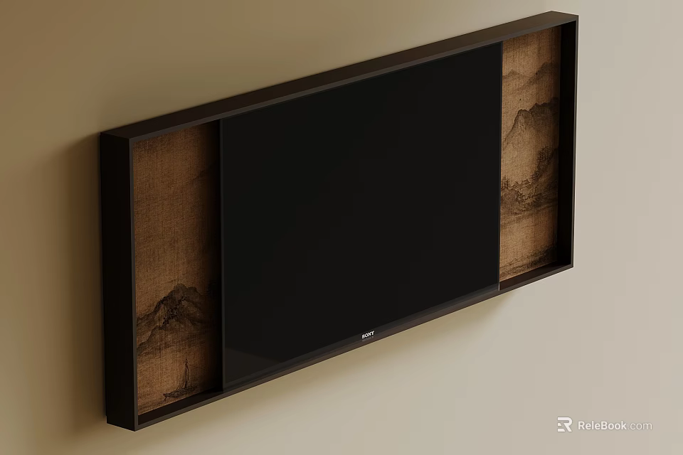 Elegant Wall Mounted TV with Dark Frame and Mountain Landscape Art 3d model 