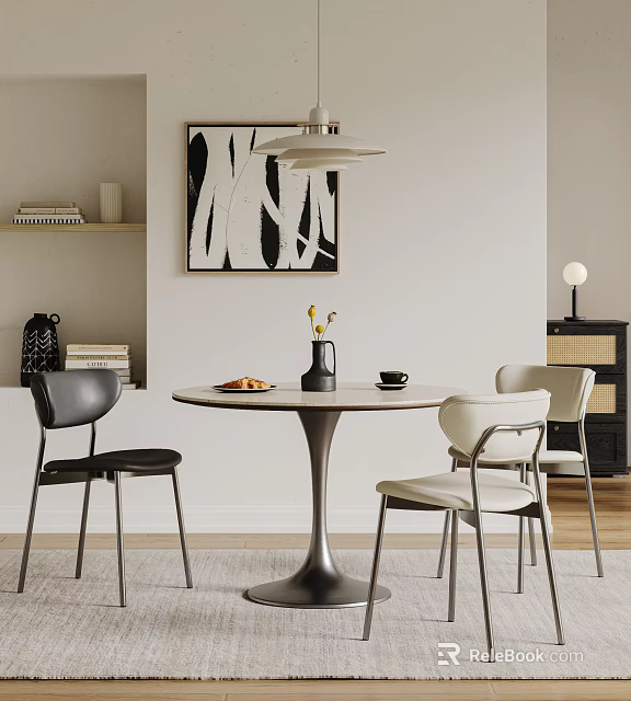 Modern Round Dining Table with Black and Light Chairs Decorative Vase Yellow Flowers and Bowl 3d model 