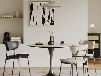 Modern Round Dining Table with Black and Light Chairs Decorative Vase Yellow Flowers and Bowl 3d model