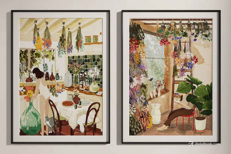 Two Framed Decorative Paintings With Kitchen Herbs Dining Table And Potted Plants 3d model 