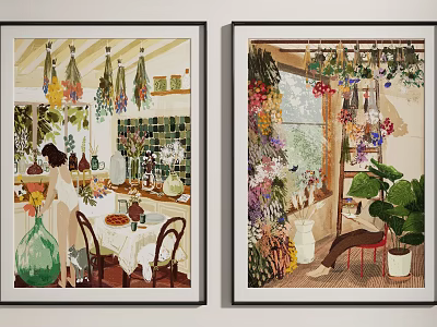 Two Framed Decorative Paintings With Kitchen Herbs Dining Table And Potted Plants 3d model