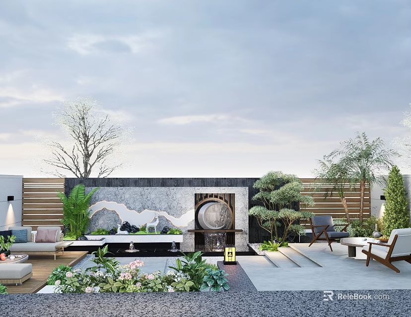 Elegant Courtyard Garden With Outdoor Sofa Lush Green Plants Water Feature And Wooden Fence 3d model 