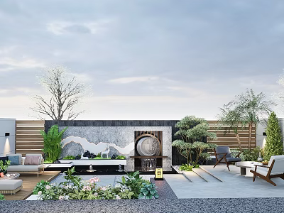 Elegant Courtyard Garden With Outdoor Sofa Lush Green Plants Water Feature And Wooden Fence 3d model