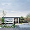 Elegant Courtyard Garden With Outdoor Sofa Lush Green Plants Water Feature And Wooden Fence