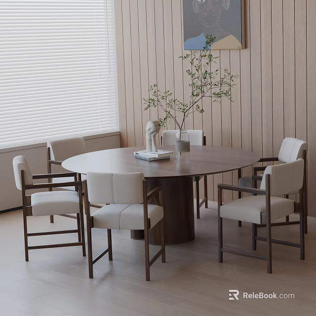 Modern Round Wooden Dining Table Set With White Armchairs And Green Plant Decor 3d model 