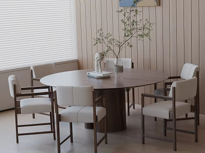 Modern Round Wooden Dining Table Set With White Armchairs And Green Plant Decor 3d model