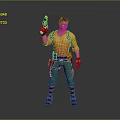 Game And Movie Character Wearing Orange Shirt Green Pants Holding Gun With Tool Belt