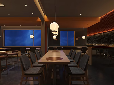 Modern Restaurant Interior With Open Layout Dining Table Chairs And Pendant Lights 3d model
