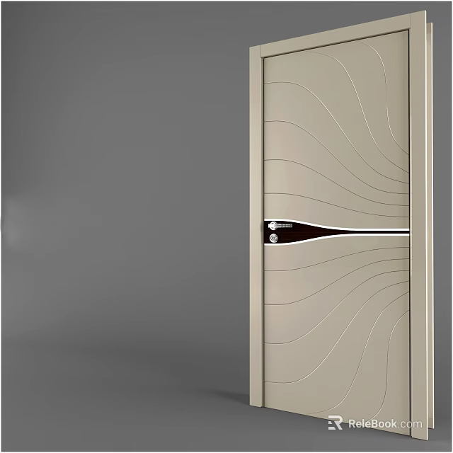 Modern Minimalist Swing Door With Light Beige Curved Lines And Sleek Handle Design 3d model 