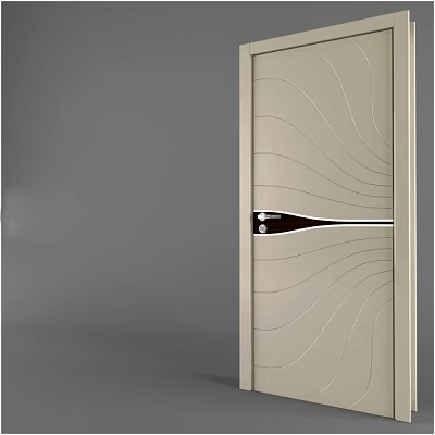 Modern Minimalist Swing Door With Light Beige Curved Lines And Sleek Handle Design 3d model