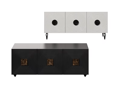 Stylish Decorative Cabinets In Black And White With Circular Square Inlays Wheels Legs 3d model