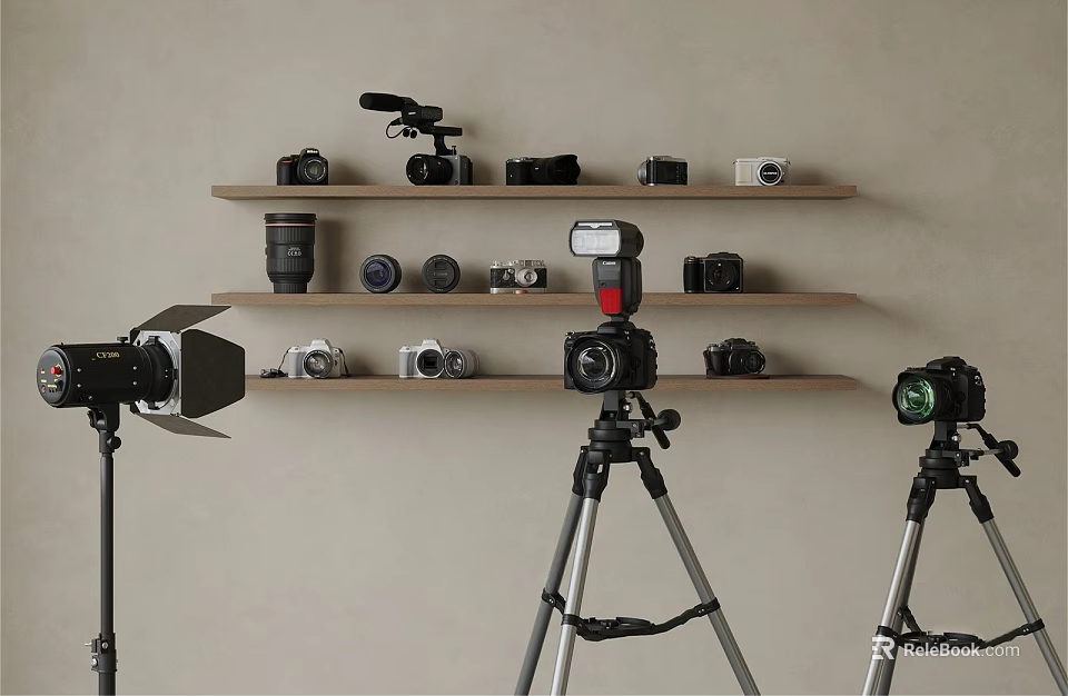 Photo Wall With Wooden Shelves Displaying Cameras Tripods And Photography Gear 3d model 