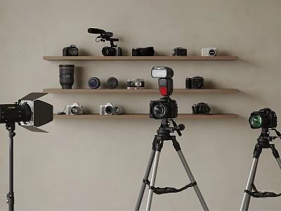 Photo Wall With Wooden Shelves Displaying Cameras Tripods And Photography Gear 3d model