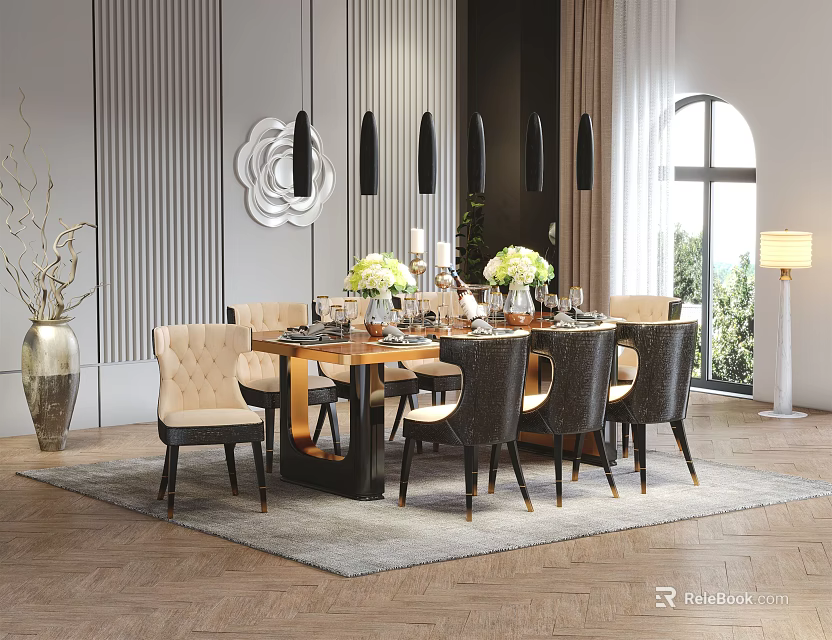 Modern Dining Table Set With Leather Chairs Pendant Lights And Floral Decor 3d model 