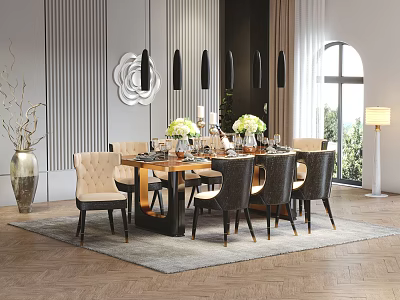 Modern Dining Table Set With Leather Chairs Pendant Lights And Floral Decor 3d model